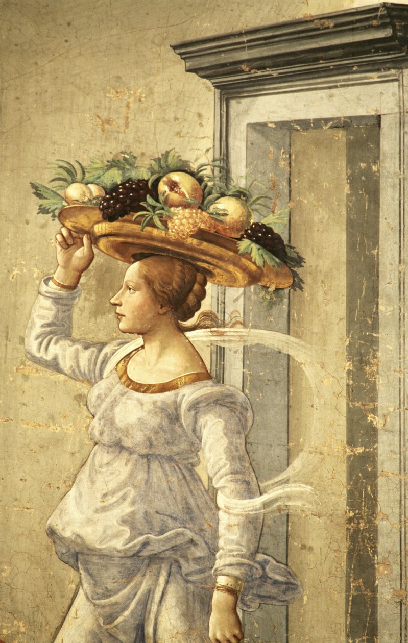 Mulher carregando frutas, do nascimento de São João Batista de Domenico Ghirlandaio