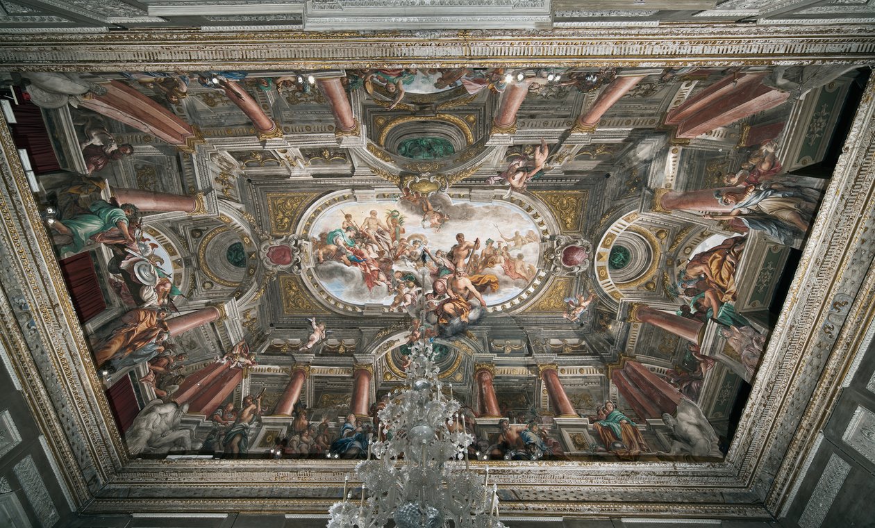 A oferta a Júpiter das chaves do Templo de Jano (ou Alegoria da Paz), teto do nobre andar,
c.1665 (fresco) de Domenico I Piola