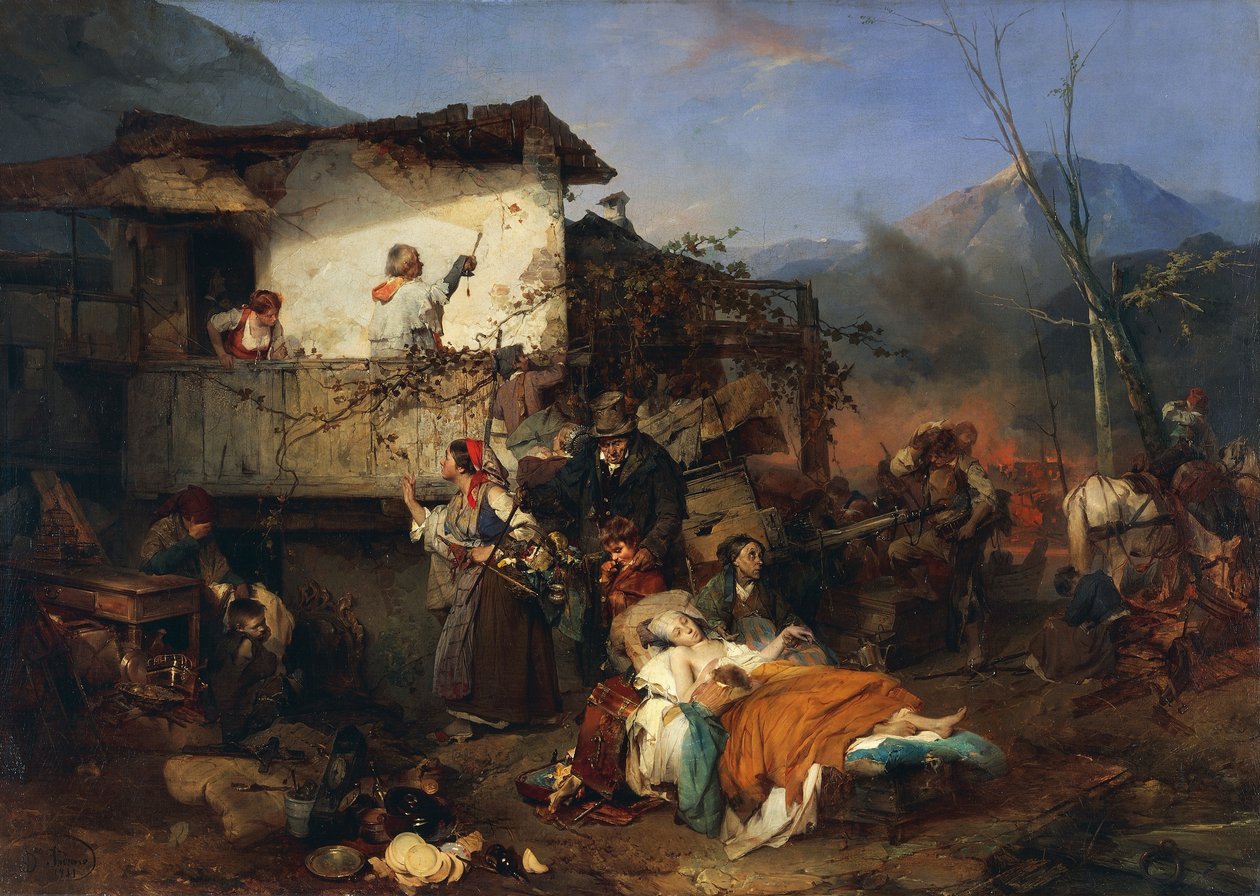 Refugiados do incêndio da aldeia, por Domenico Induno de Domenico Induno
