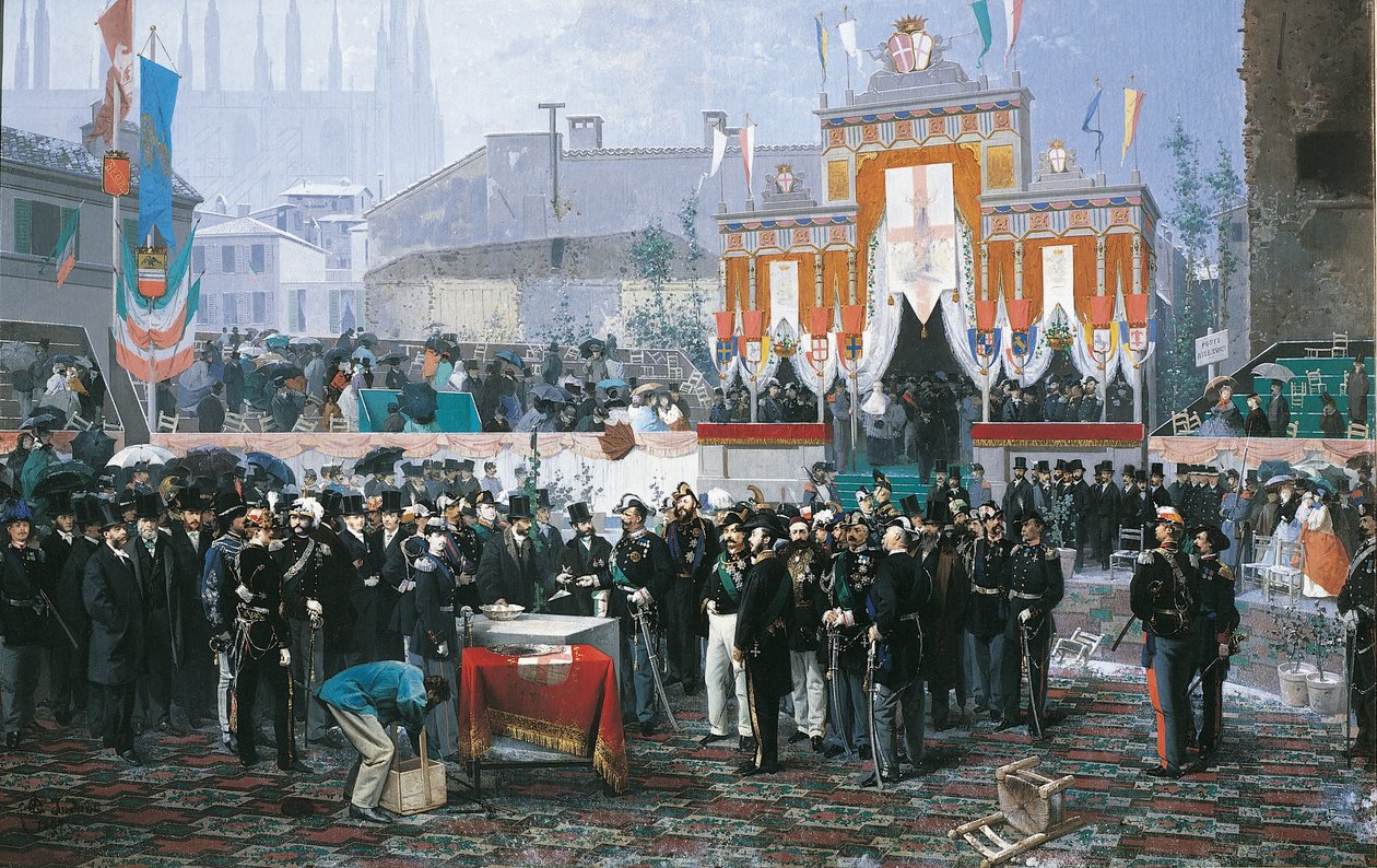 A Colocação da Pedra Fundamental da Galleria Vittorio Emanuele em Milão, por Domenico Induno de Domenico Induno