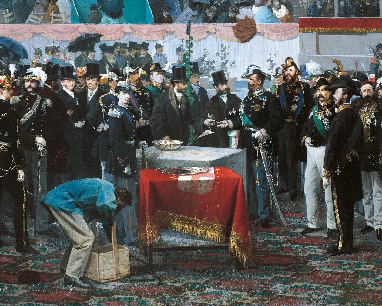 A Colocação da Pedra Fundamental da Galleria Vittorio Emanuele em Milão, de Domenico Induno, detalhe, óleo sobre tela de Domenico Induno