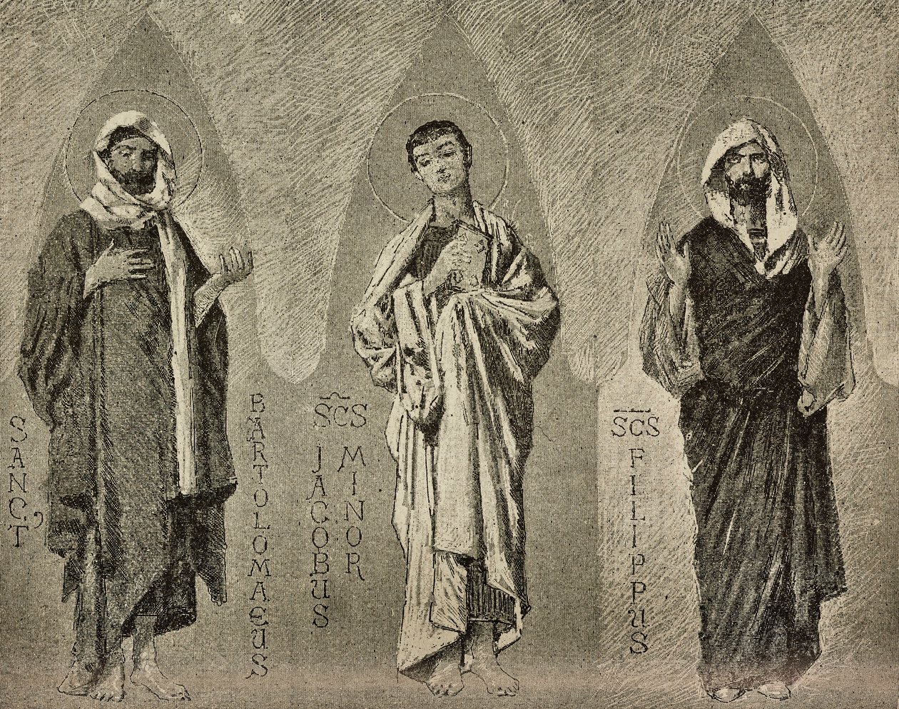 Santos Bartolomeu, Tiago o Menos e Filipe, desenhos de Domenico Morelli para mosaico na catedral de Amalfi, Itália, desenho de P Scoppetta, gravura de L