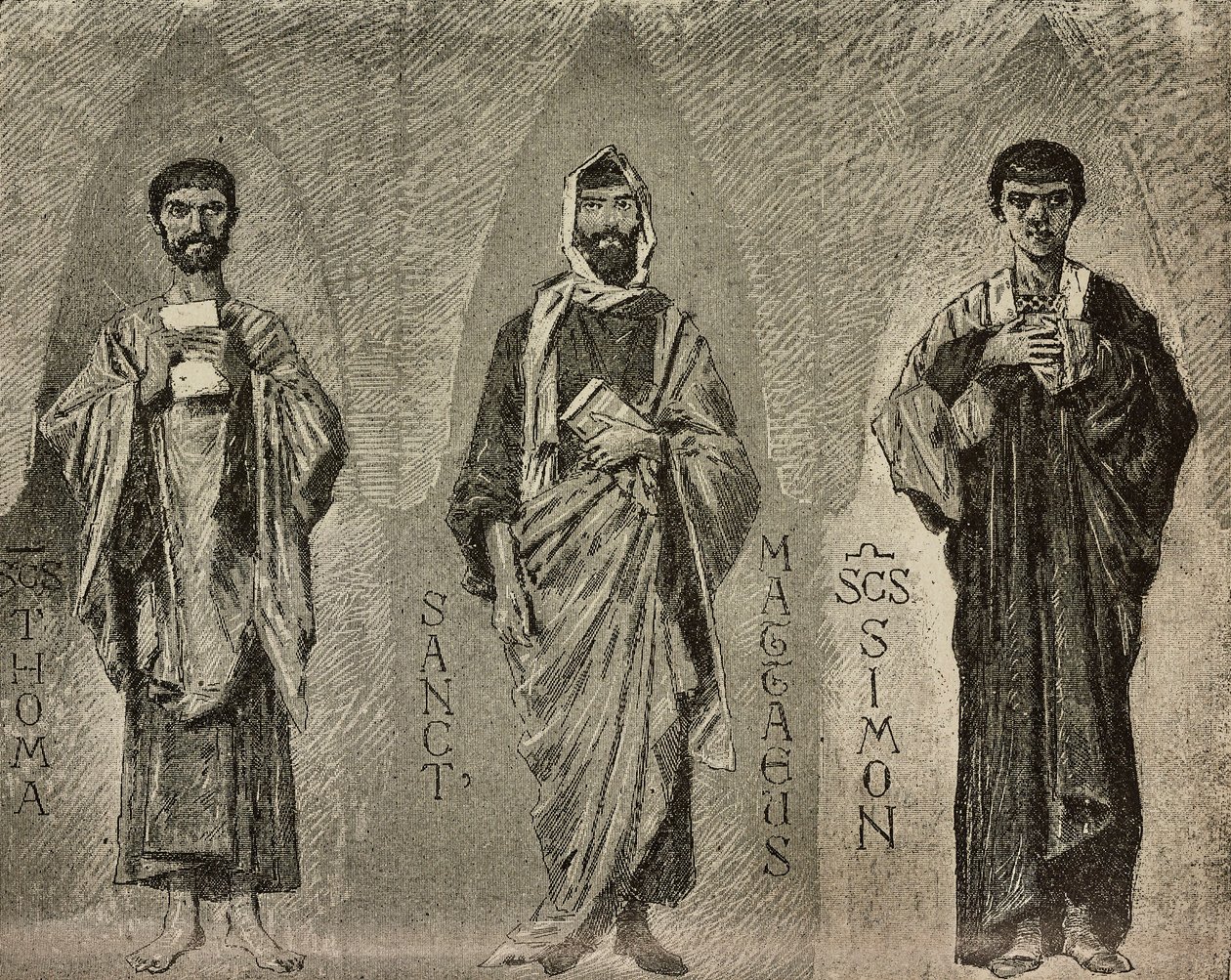 Santos Tomás, Mateus e Simão, desenhos de Domenico Morelli para mosaico na catedral de Amalfi, Itália, desenho de P Scoppetta, gravura de L