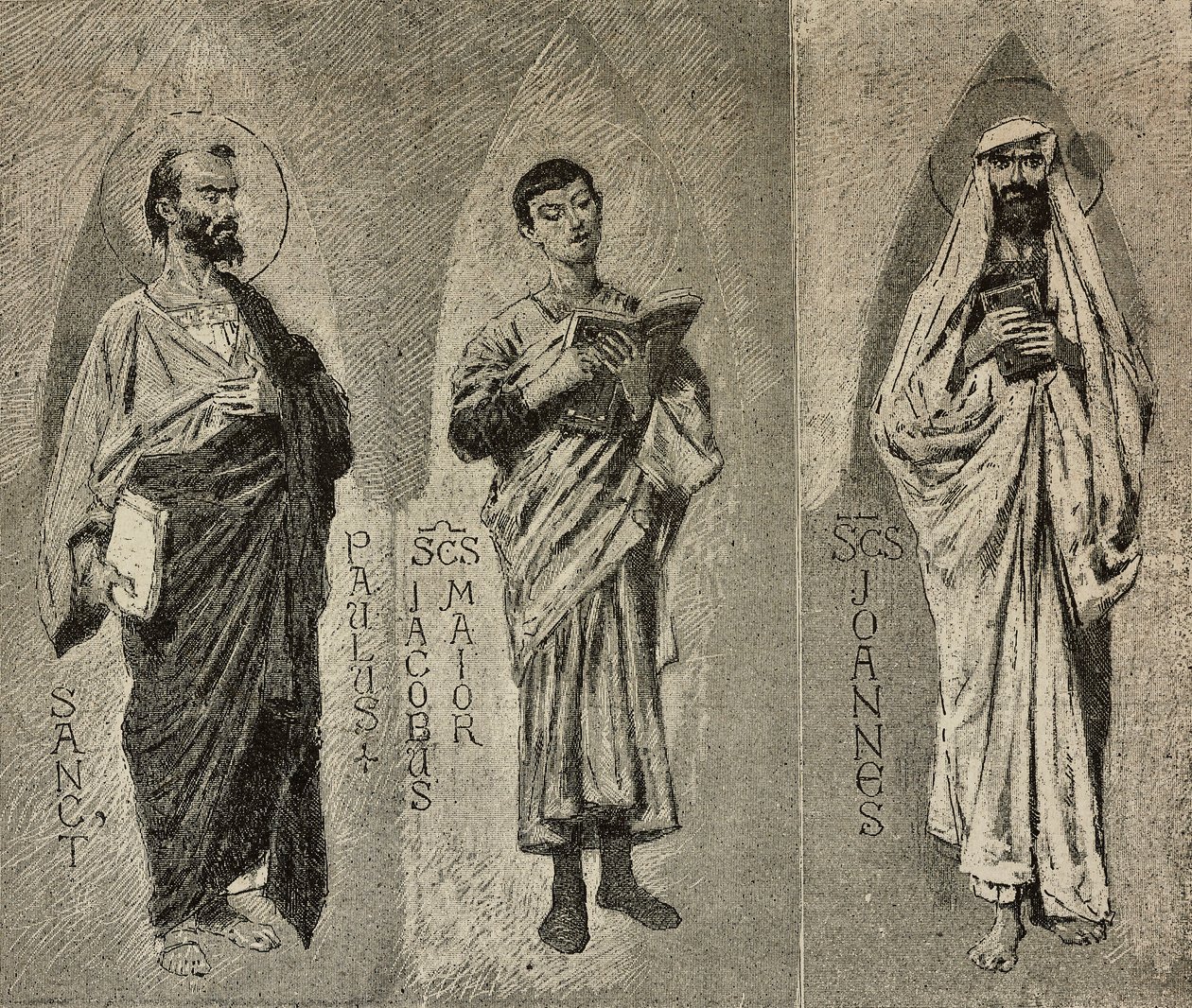 Pinta Paulo, Tiago o Grande e João, desenhos de Domenico Morelli para o mosaico da Catedral de Amalfi, Itália, desenho de P Scoppetta, gravura de L