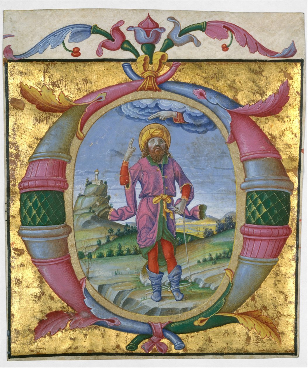 Davi com o pé em um laço em O inicial, ca. 1500. de Domenico Morone