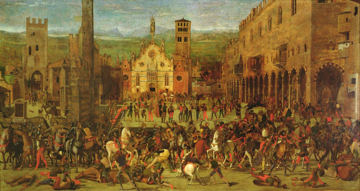 Expulsão dos Bonacolsi por Louis Gonzaga em 1328, na Piazza Sordello, Mântua de Domenico Morone