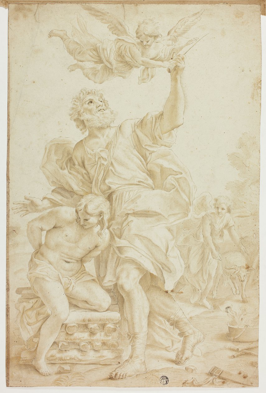 Sacrifício de Isaac (anverso); esboços de figuras (verso) de Domenico Piola