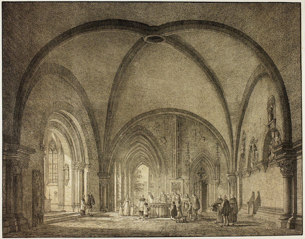 Baptismal Hall e Claustros na Catedral de Mainz, da coleção de edifícios medievais memoráveis na Alemanha de Domenico Quaglio