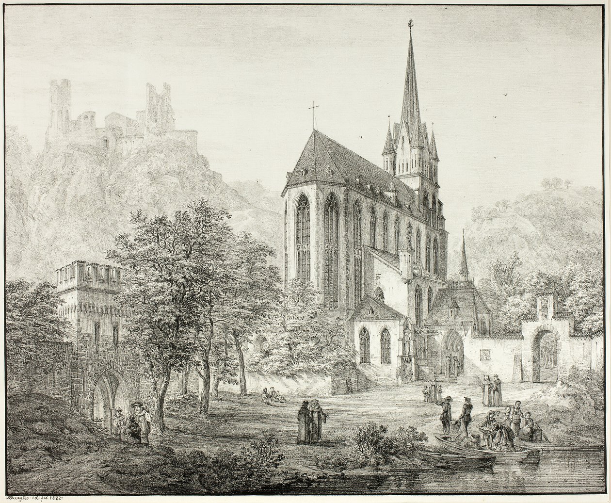 Igreja Colegiada de Nossa Senhora, com o Castelo Schoenberg em Oberwesel, no Reno de Domenico Quaglio