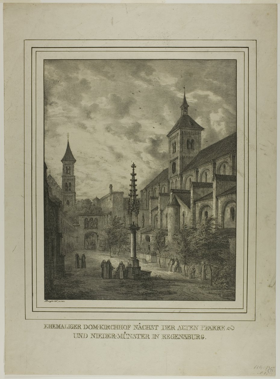 Antigo adro da catedral perto da antiga reitoria e da mina em Regensberg de Domenico Quaglio