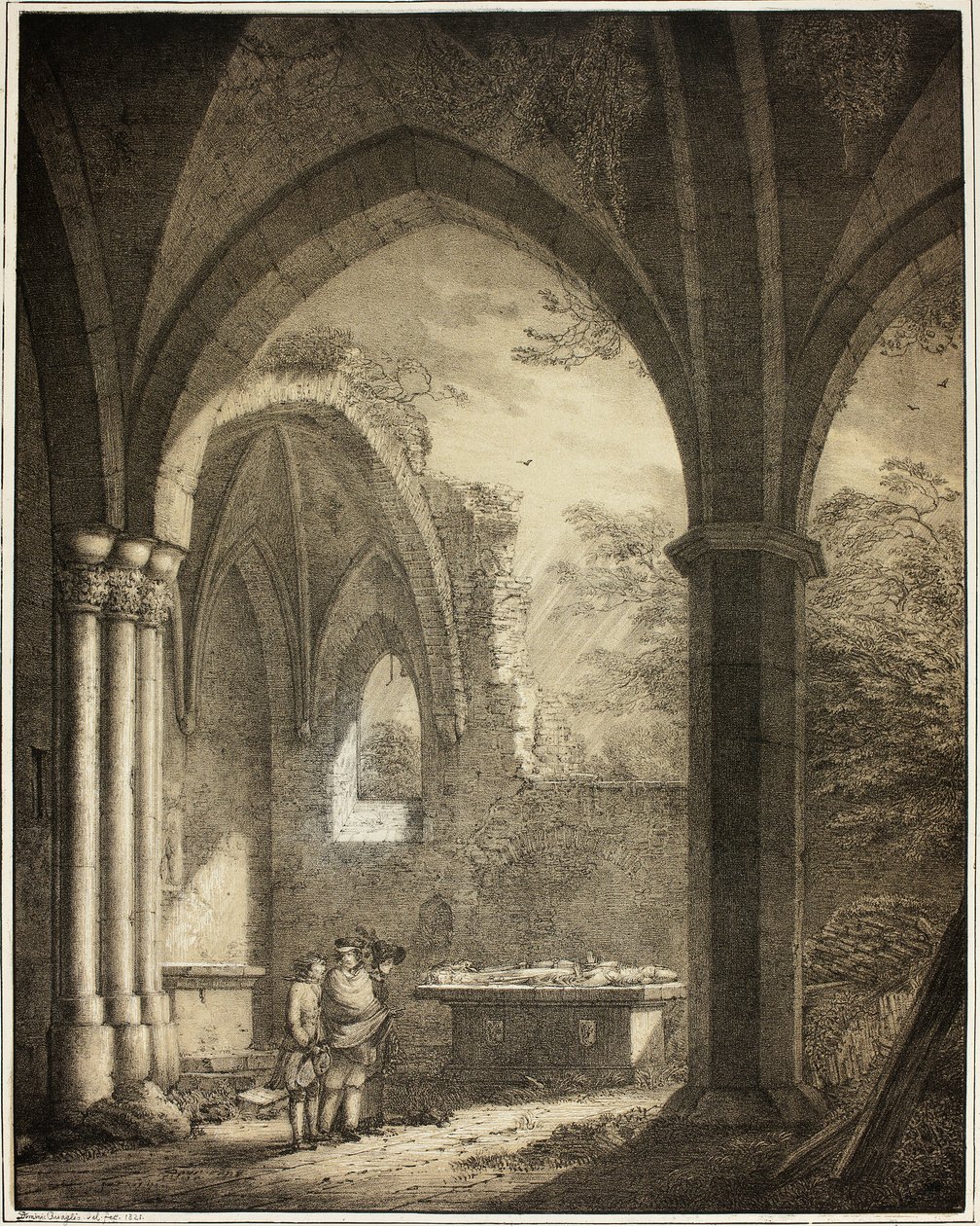 Ruína da Igreja de Nossa Senhora com as lápides de Genevieve e o Conde Palatino Siegfried no Vale do Mosel perto de Andernach, da coleção de edifícios medievais memoráveis na Alemanha de Domenico Quaglio