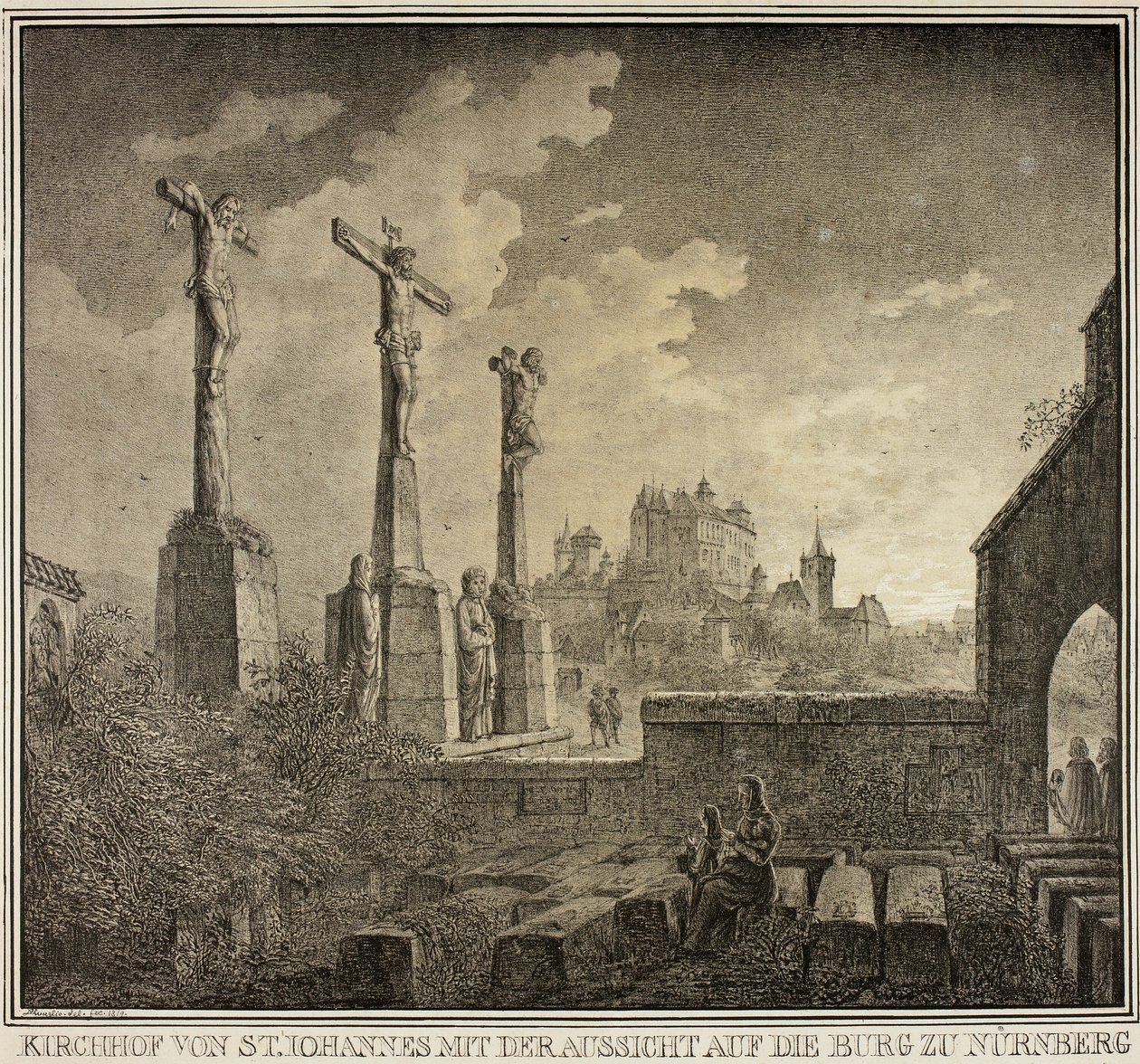 Cemitério de São João com vista para a cidade de Nuremberga, da Coleção de Edifícios Medievais Memoráveis na Alemanha de Domenico Quaglio