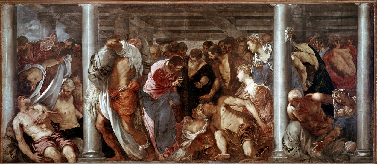 Cristo ouve o paralítico (a piscina probatória). Pintura de Jacopo Robusti dit il Tintoretto (O Tintoret de Domenico Robusti Tintoretto