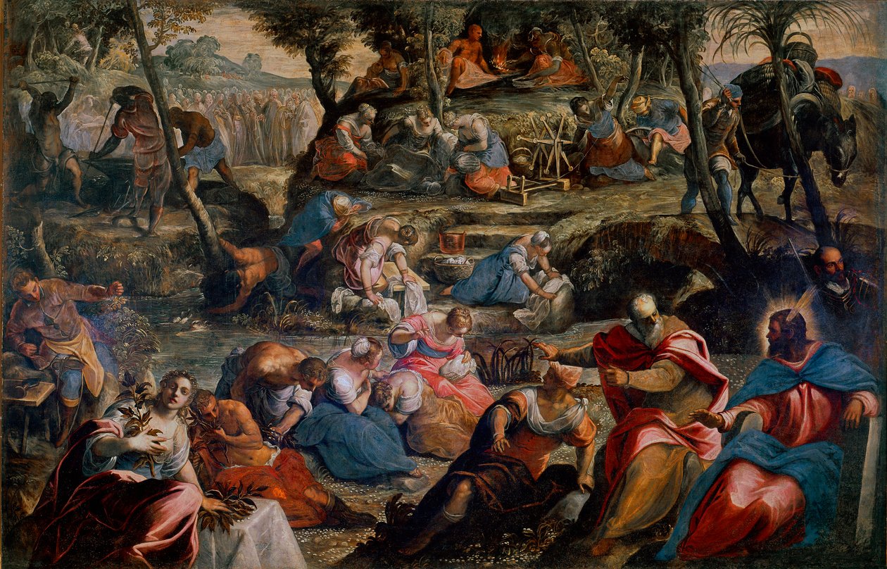 A Recoleção do Maná (Judeus no Deserto) Cena do Antigo Testamento: Deus alimenta os israelitas que morreriam de fome de ovos de codorniz e de maná (Maná). À direita, Aarão e Moisés. Pintura de Jacopo Robusti dit Tintoretto (o Tintoret) (1518-1594) 1592 de Domenico Robusti Tintoretto