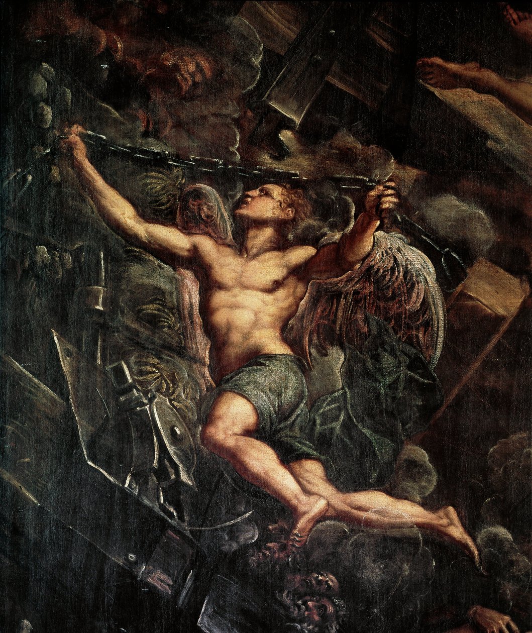 A descida de Jesus Cristo (Jesus Cristo) ao limbo Detalhe de um anjo. Pintura de Jacopo Robusti detto il Tintoretto (O Tintoret de Domenico Robusti Tintoretto