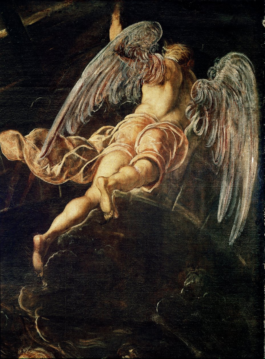 A descida de Jesus Cristo ao limbo Detalhe de um anjo. Pintura de Jacopo Robusti detto il Tintoretto (O Tintoret de Domenico Robusti Tintoretto