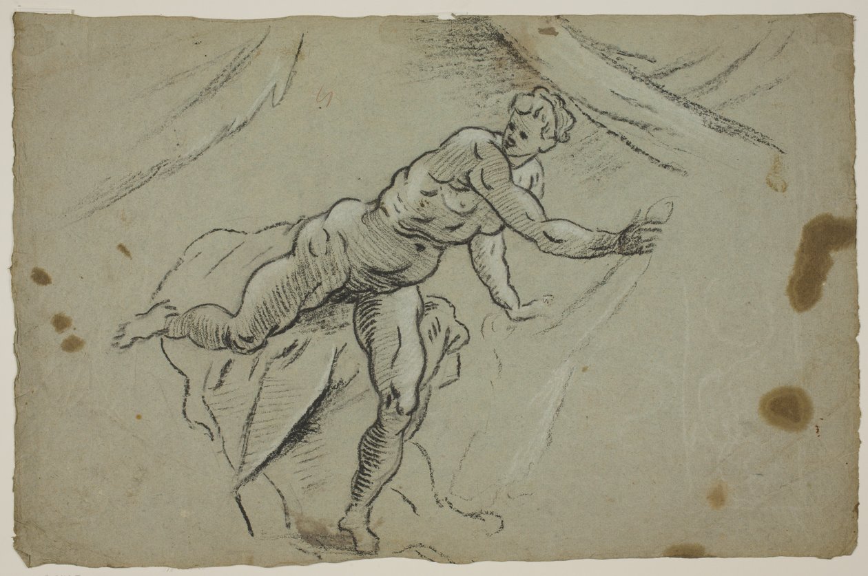 Mulher nua com um pedaço de pano nas mãos saindo às pressas de uma barraca de Domenico Tintoretto