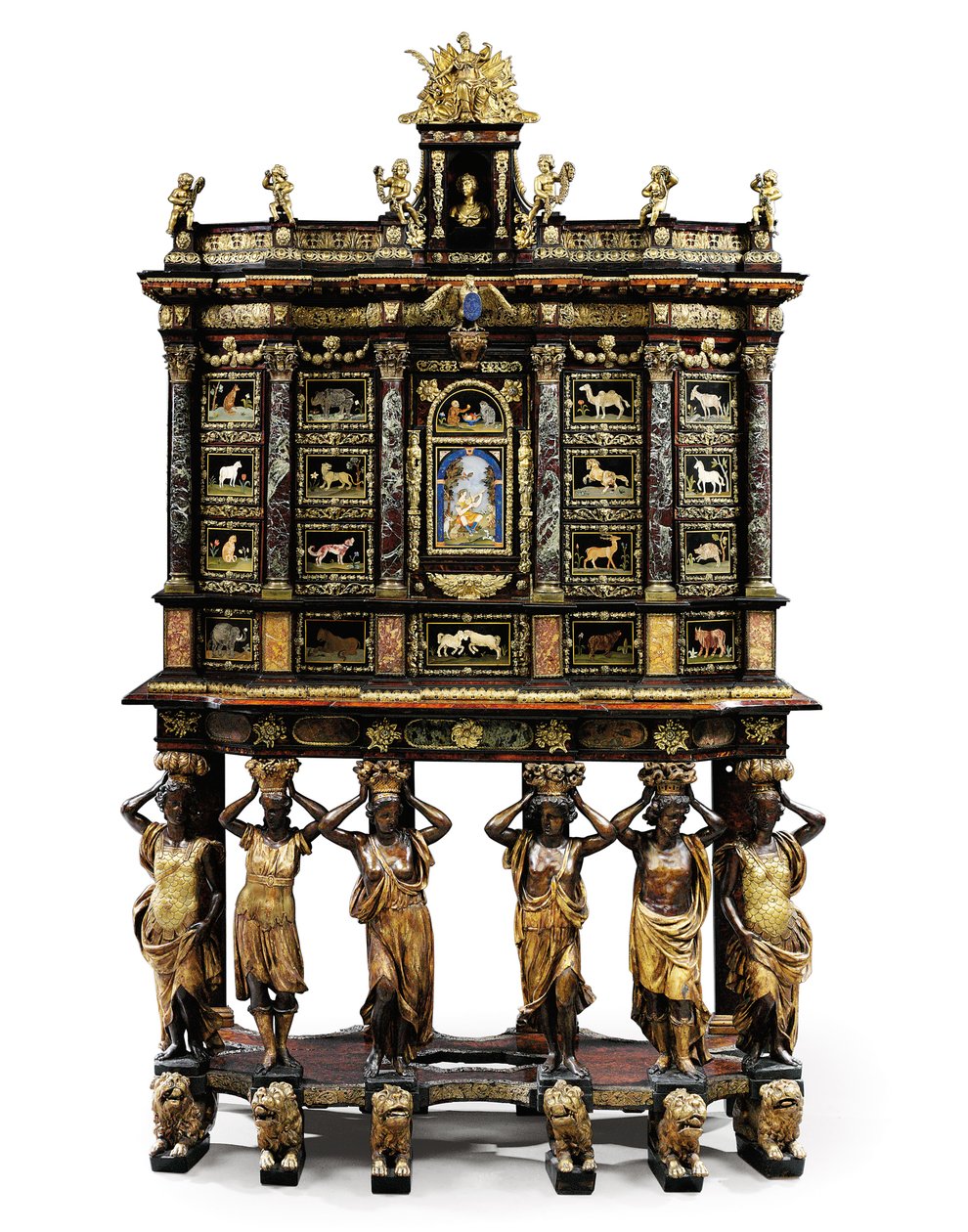 Gabinete de suporte Luís XIV (bronze dourado, pietra dura, carapaça de tartaruga, cinza, ebonizado e dourado parcial) (ver também 1766356-7) de Domenico and Gobelins workshop (attr. to) Cucci
