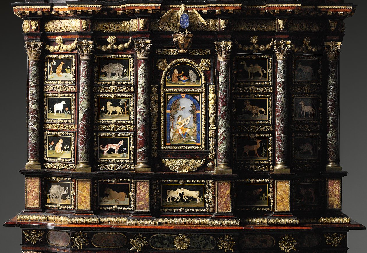 Gabinete de suporte Luís XIV (bronze dourado, pietra dura, carapaça de tartaruga, cinza, ebonizado e dourado parcial) (ver também 1766355-6) de Domenico and Gobelins workshop (attr. to) Cucci