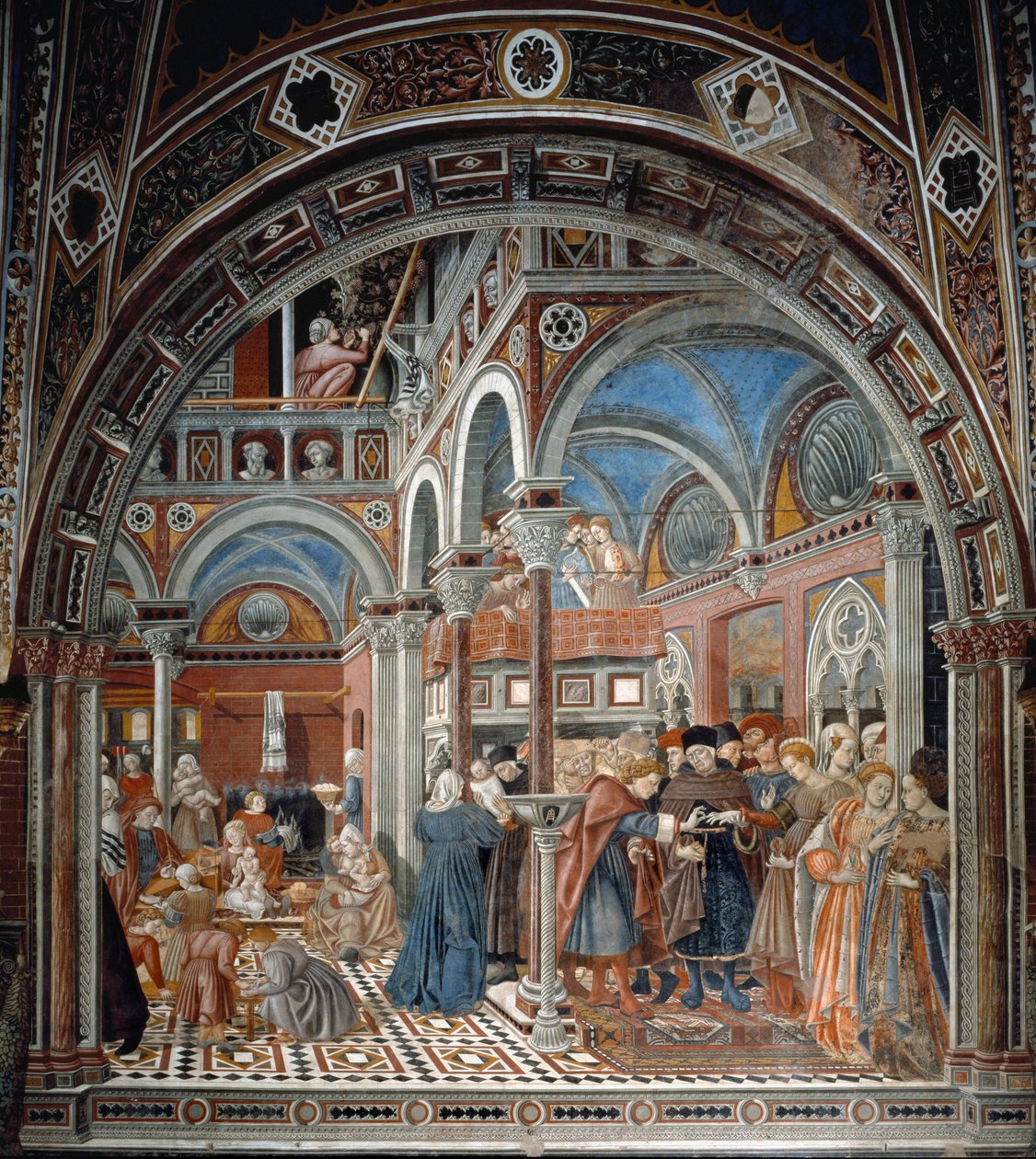 Vista do orfanato de santa Maria della scala em Siena. À esquerda, as babás cuidam de crianças abandonadas, à direita, uma mulher grávida obrigada a casar. Fresco por Domenico di Bartolo (activo entre 1428 e 1447) Spedale di Santa Maria del de Domenico di Bartolo