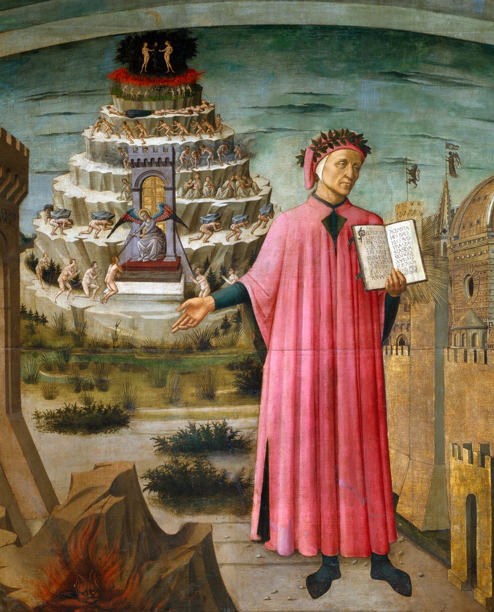 Dante Alighieri segurando seu poema, a Divina Comédia. Perto dele, o inferno e a cidade de Florença, ao fundo o Purgatório e o Paraíso. de Domenico di Michelino