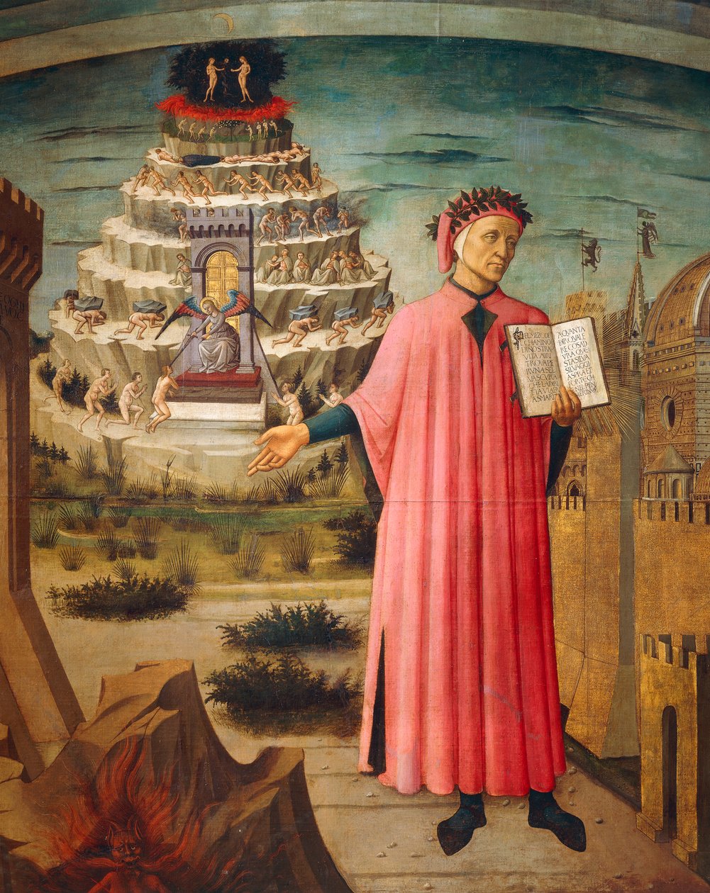 Dante Alighieri com a Divina Comédia na mão e montanhas de purgatório ao fundo, detalhe da Divina Comédia, de Dante Alighieri (1265-1321), de Domenico di Michelino (1417-1491), afresco, Basílica de Santa Maria da Flor, Florença. Itália,1465 de Domenico di Michelino