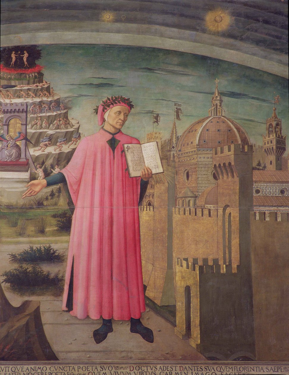 Dante lendo a têmpera divina comédia no detalhe do painel de 42355 de Domenico di Michelino