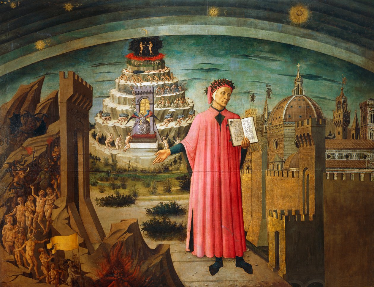 Divina Comédia, de Dante Alighieri (1265-1321), de Domenico di Michelino (1417-1491), afresco, Basílica de Santa Maria da Florença, Florença, Itália de Domenico di Michelino