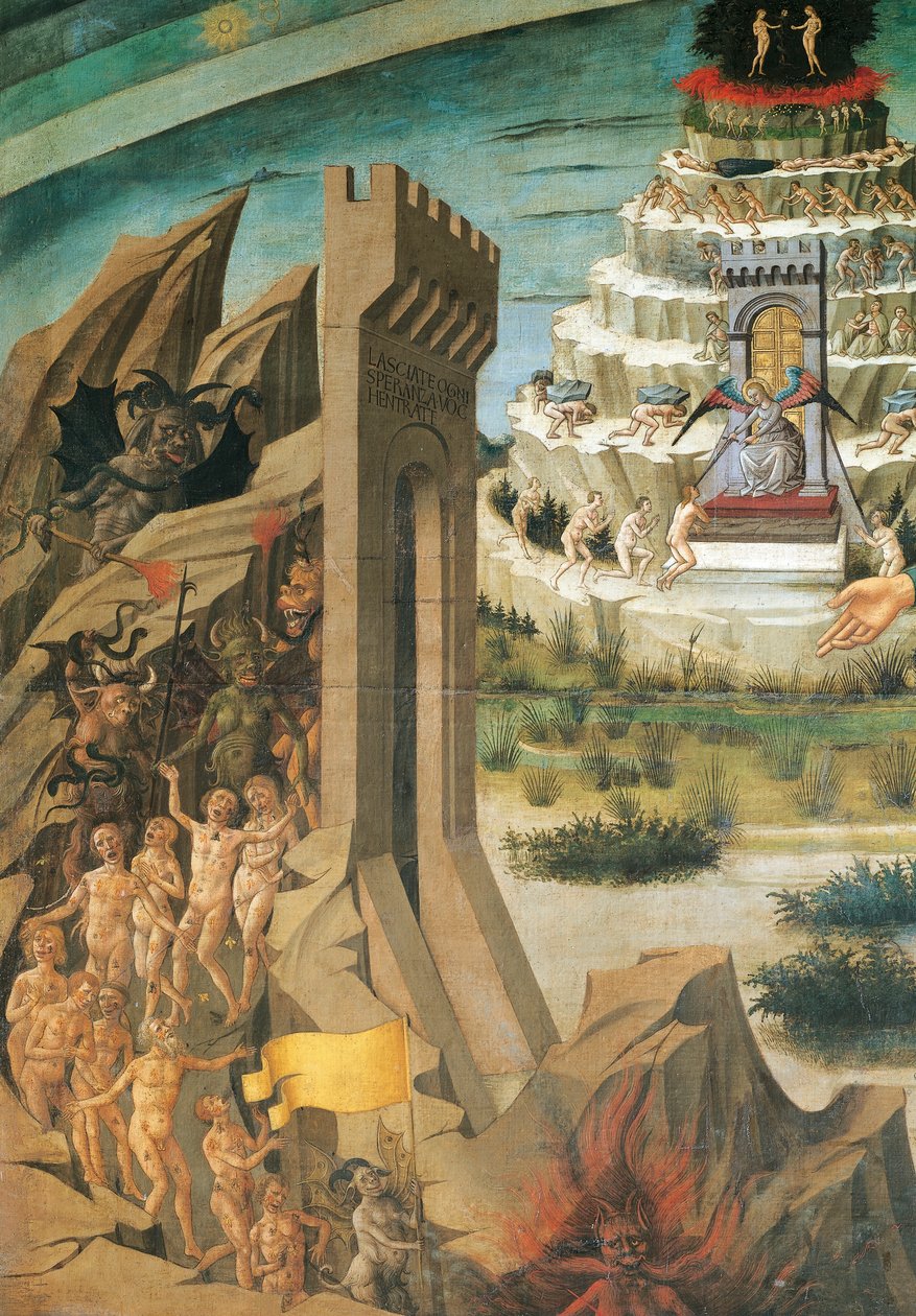 Números dos condenados, detalhes de Dante Holding Divine Comedy, fresco de Domenico di Michelino (1417-1491), Catedral de Santa Maria del Fiore, Florença, Itália de Domenico di Michelino