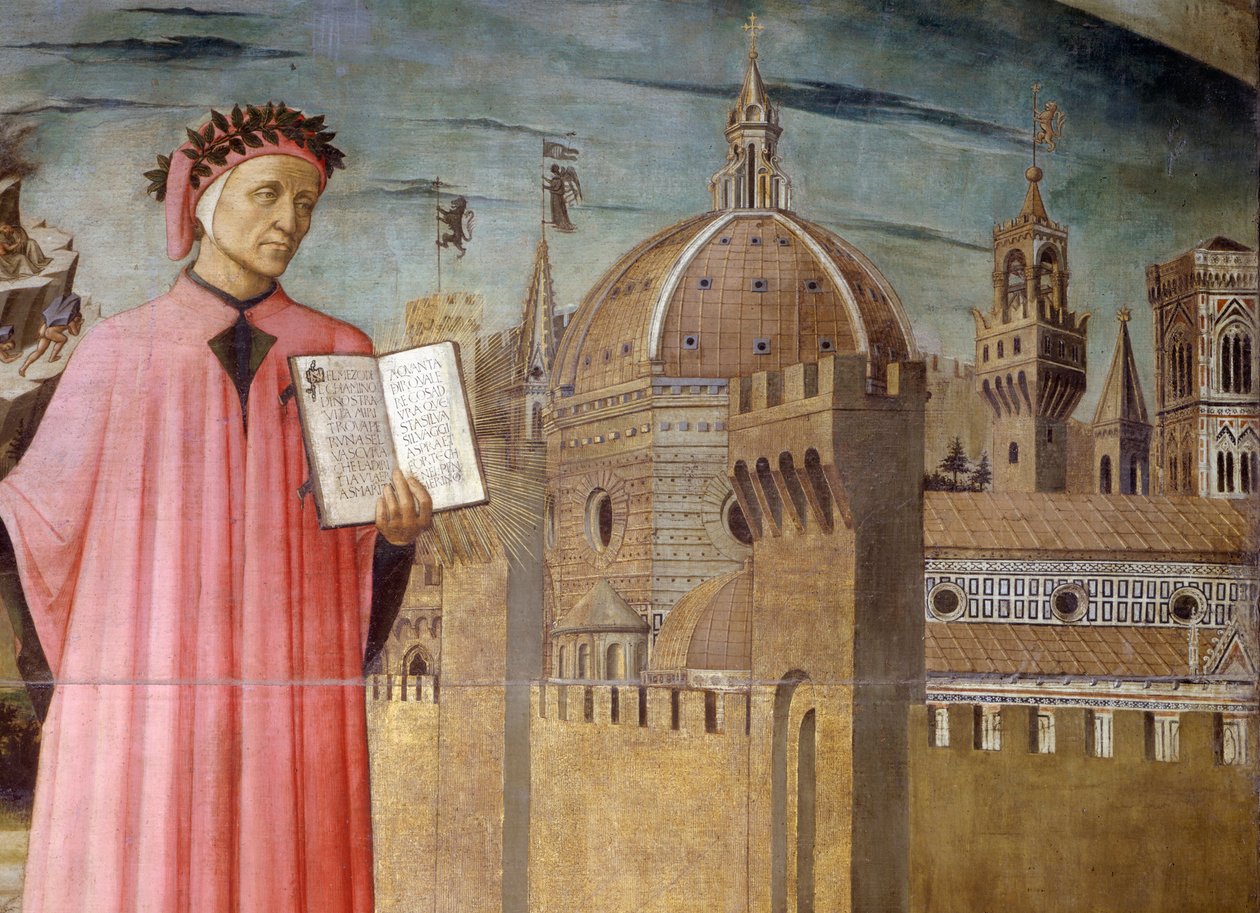 Itália, Região da Toscana, Florença, retrato de Dante Alighieri, Florença e a alegoria da Divina Comédia de Domenico di Michelino de Domenico di Michelino