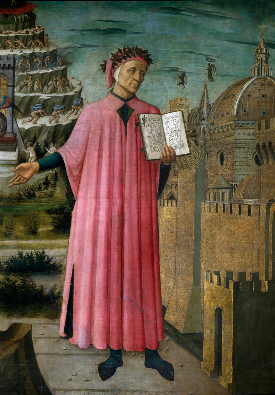 O poeta italiano Dante Alighieri (1265-1321) apresenta sua obra La divine comedie" (A Divina Comédia)". Detalhe. Fresco por Domenico di Michelino (1417-1491), Cathedrale Santa Maria del Fiore, Florença. (Duomo, Florença) Itália de Domenico di Michelino