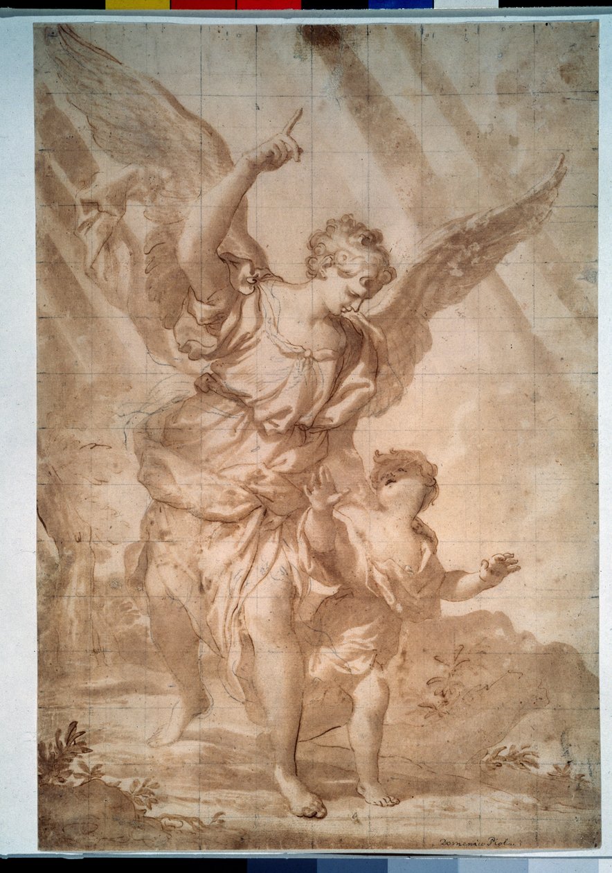 Desenho da caneta "Anjo da Guarda" de Domenico Piola (1627-1703) Museu Pushkin, Moscovo de Domenico the Elder Piola