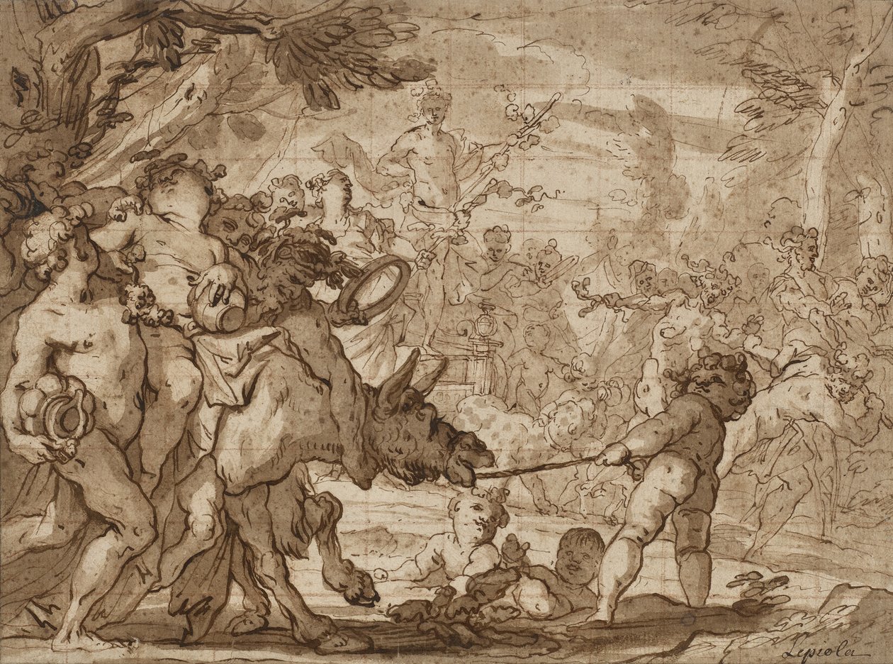 O Triunfo de Baco, c.1642-1703 (caneta e tinta marrom e lavar sobre o giz vermelho sobre papel) de Domenico the Elder Piola