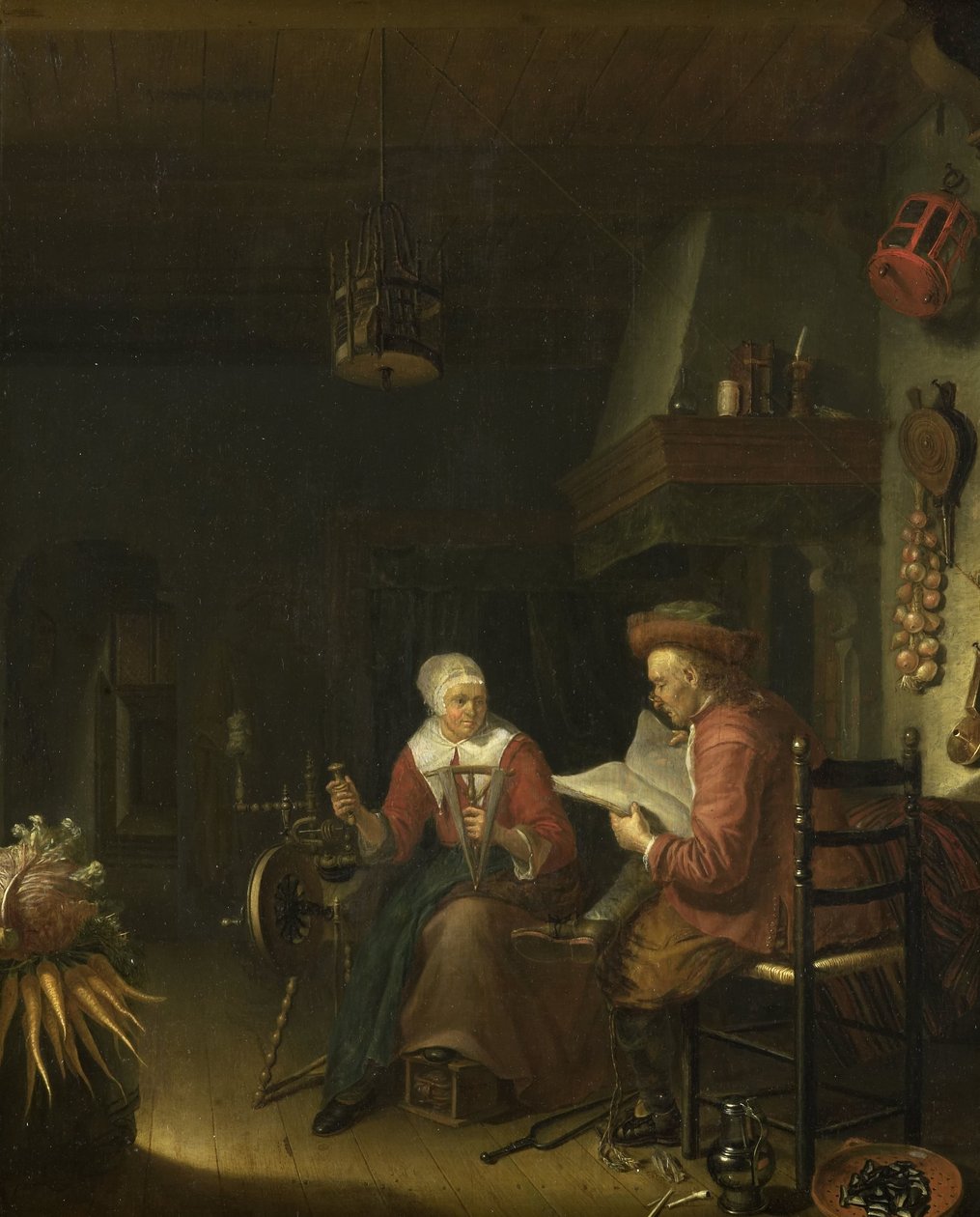 Interior com um homem a ler e uma mulher a fiar fios de Domenicus van Tol