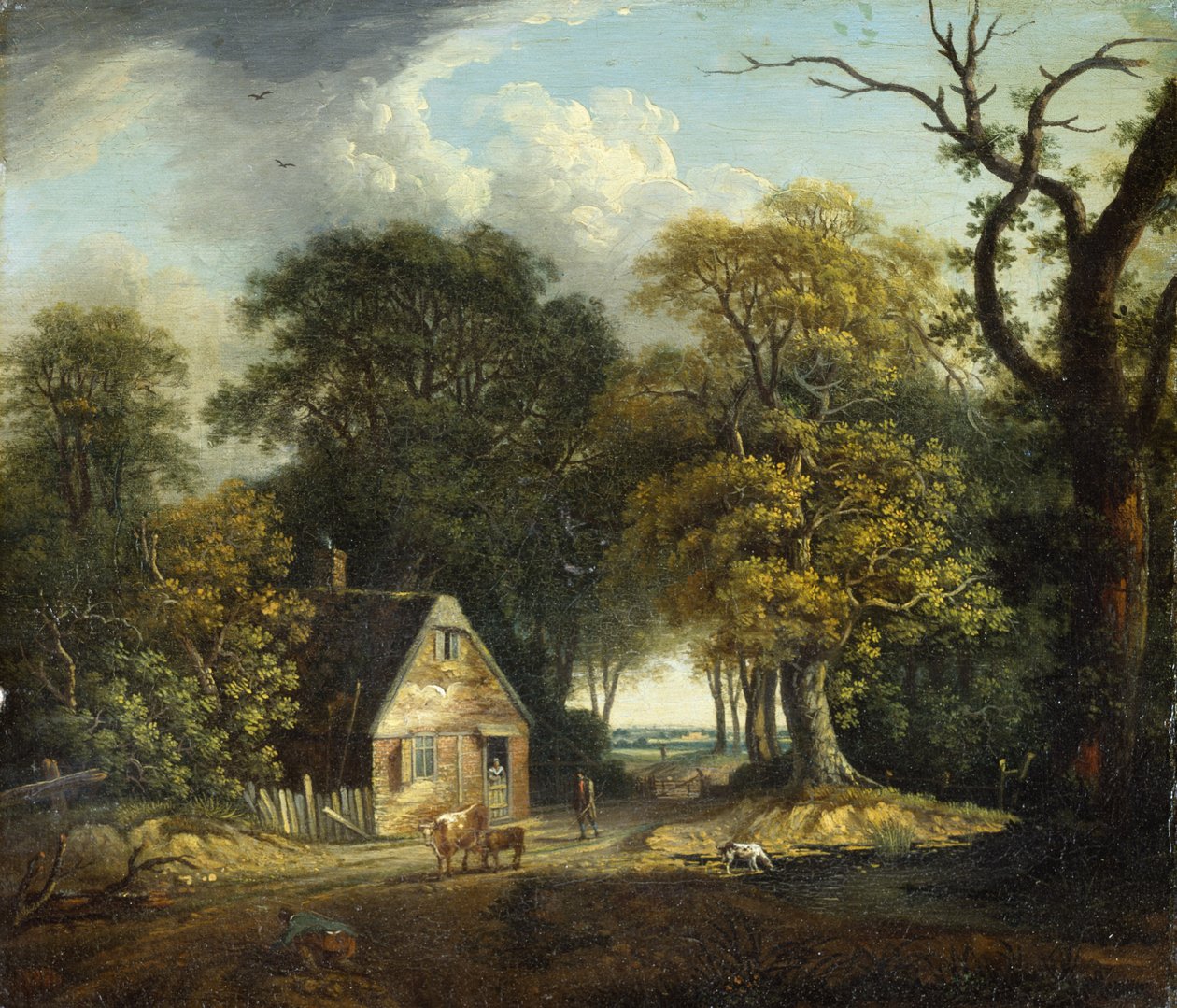 Uma paisagem arborizada com um tropeiro e gado perto de uma casa de campo (pintura) de Dominic Serres