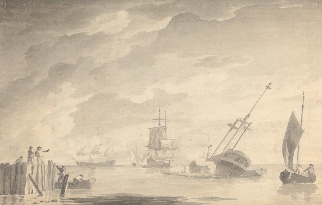 Cena de Batalha, Três Navios de Batalha, Um Afundamento; Números à Esquerda em Rowboat e Cais de Pé de Dominic Serres