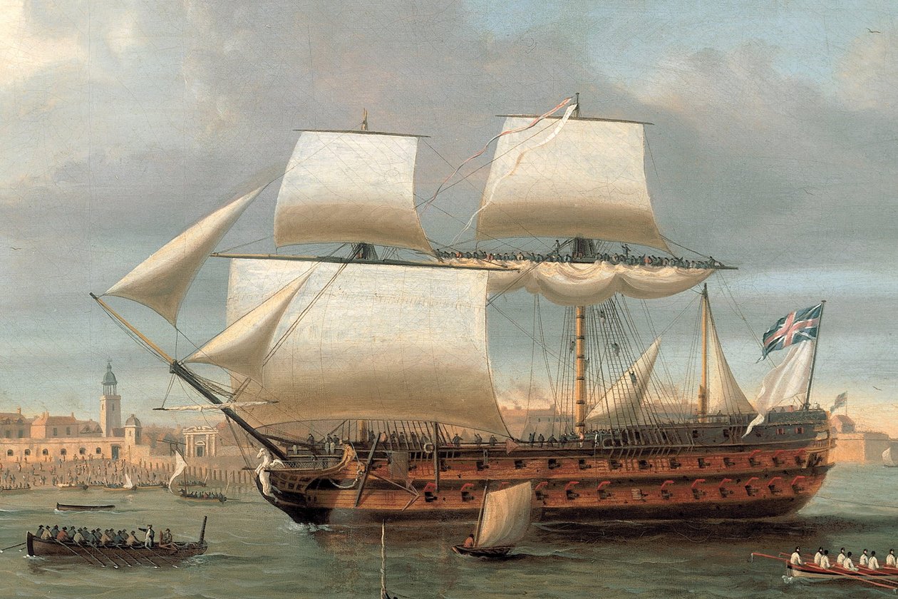 O Foudroyant e o Pégase entram no porto de Portsmouth, 1782 de Dominic Serres