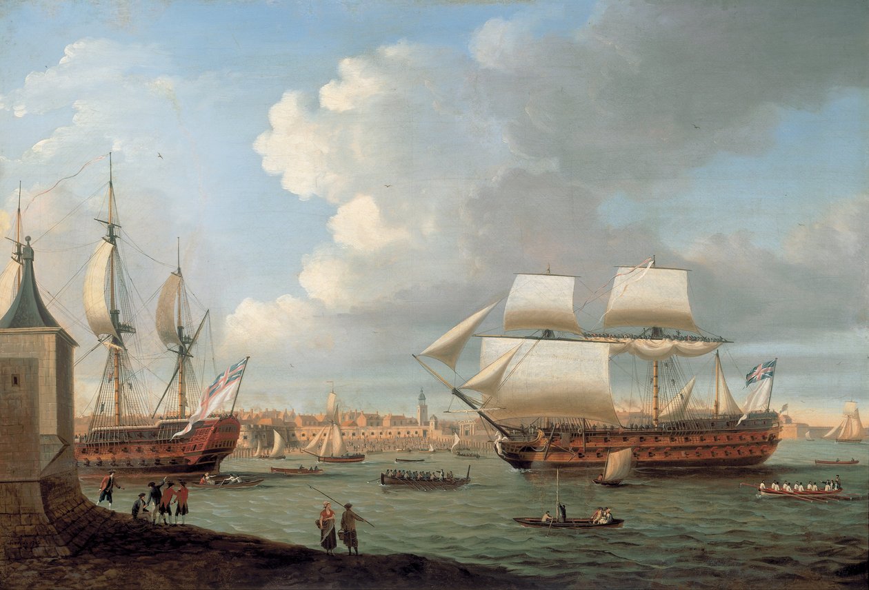O Foudroyant e o Pégase entram no porto de Portsmouth, 1782 de Dominic Serres