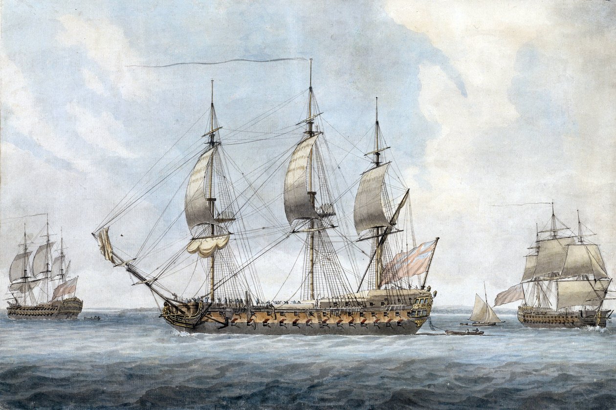 Retrato de um navio britânico de 74 canhões, em Solent (Inglaterra), visto de três ângulos diferentes. Pintura de Dominic Serres, o Velho (1719-1793), aguarela por volta de 1788. de Dominic Serres