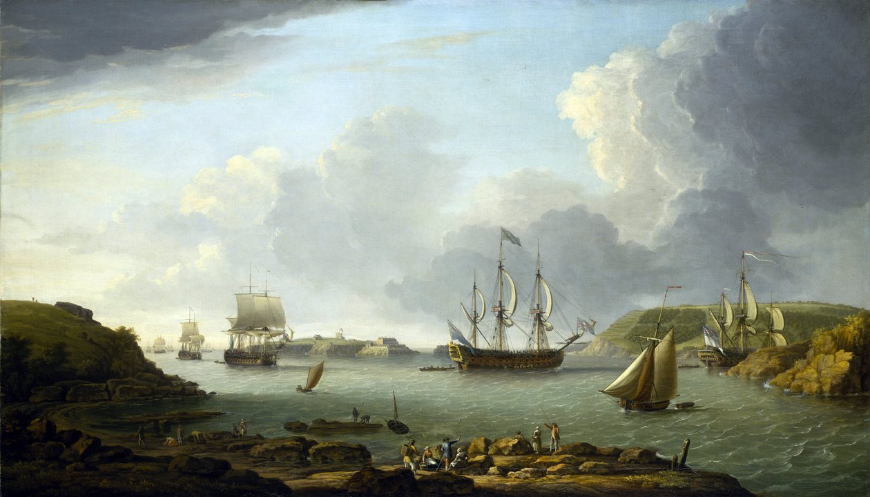 Regresso de uma frota a Plymouth (Inglaterra), descrição da cidade e da baía, incluindo a ilha Drake e a montanha Edgcumbe. Óleo sobre tela de Dominic Serres