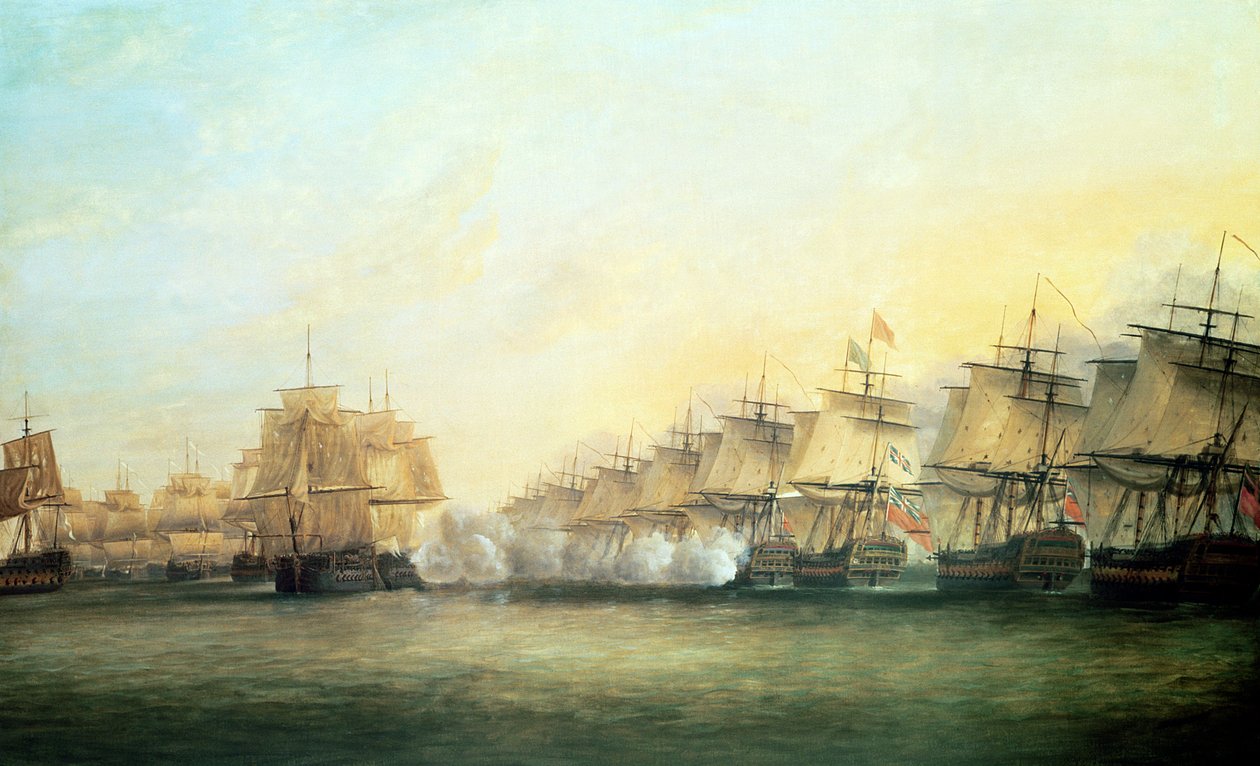 A quarta ação de Trincomalee entre os ingleses sob o almirante Sir Edward Hughes (c.1720-94) e os franceses sob M. de Suffren, 1782 de Dominic Serres