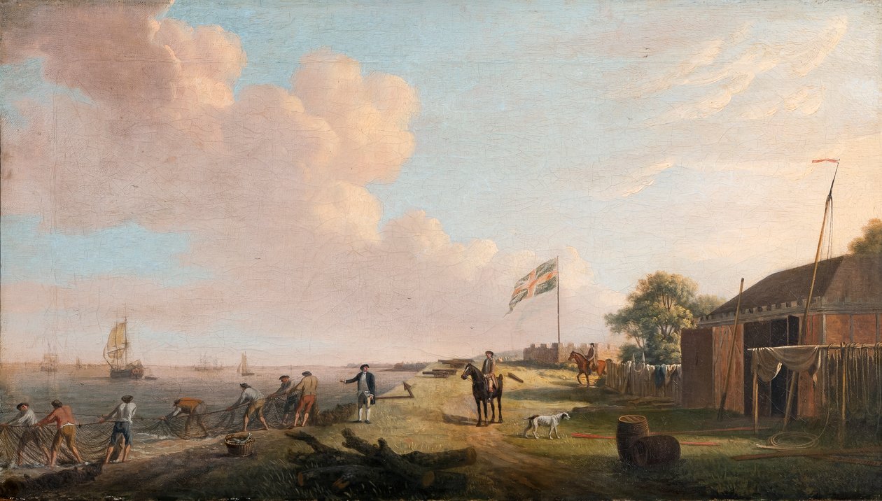 Vista, de, forte tilbury, com, pescadores, hauling redes, 1770 de Dominic Serres