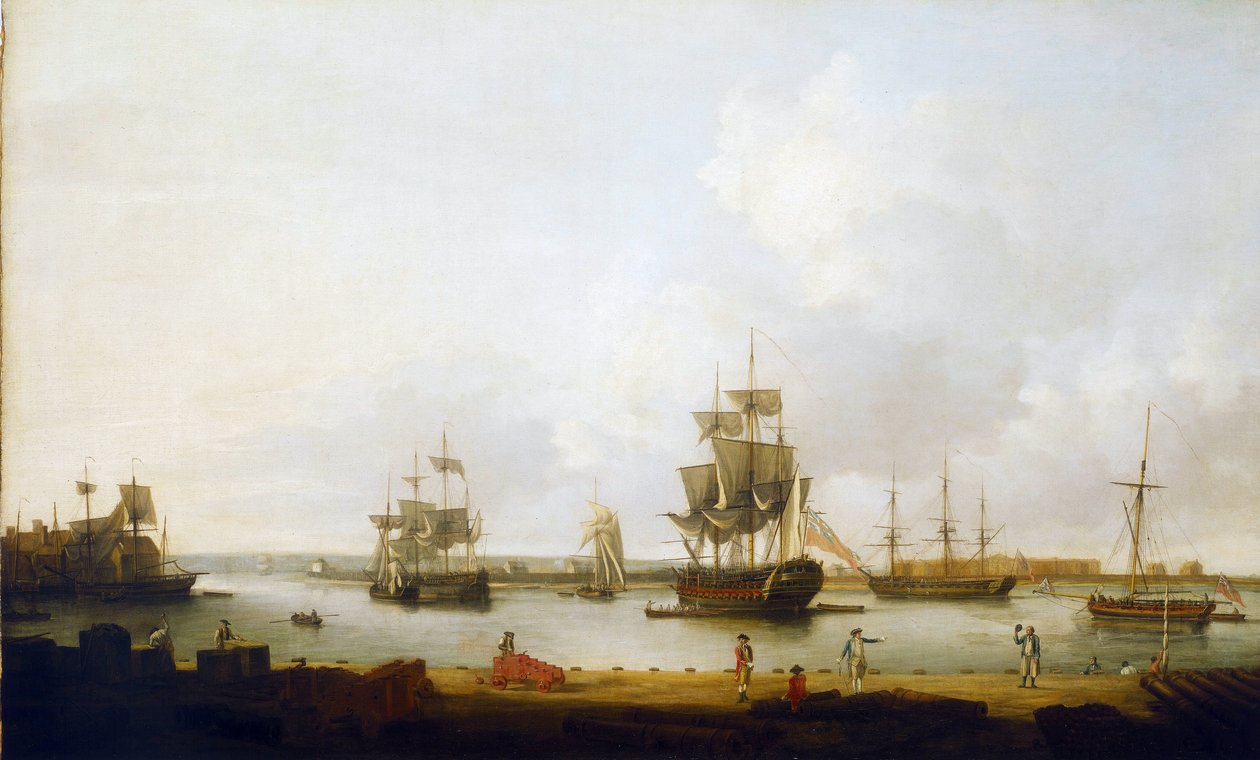 Navios de guerra ao largo do cais dos canhões em Portsmouth (Inglaterra) de Dominic Serres