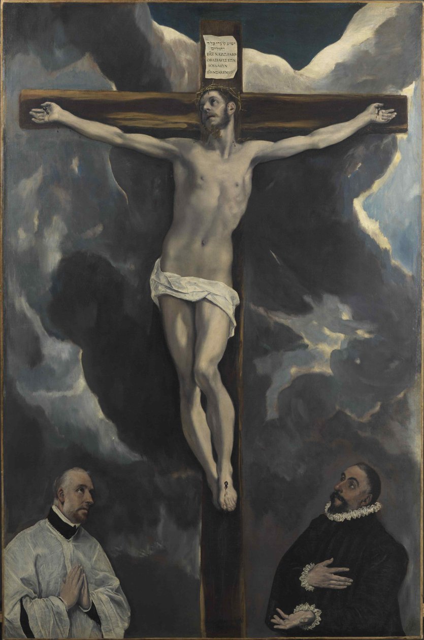 Cristo na Cruz adorado por dois Doadores, final do século XVI.. de Dominico El Greco