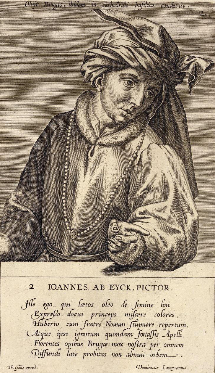 Retrato de Jan van Eyck (c.1390-1441) placa 2 em uma série de retratos de artistas, gravada por Theodor Galle (1571-1633) de Dominicus Lampsonius