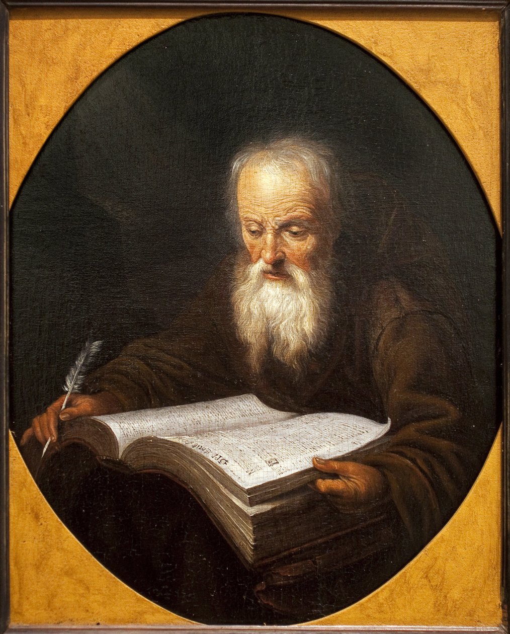 Um monge a ler, uma pena na mão. Pintura de Domenicus Van Tol (1635-1676), óleo sobre tela, de Gerrit Dou (1613-1675). Arte flamenga de Dominicus van Tol