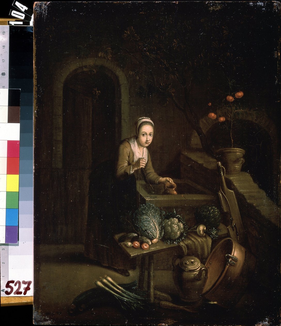 Na cozinha. Pintura de Domenicus van Tol (1635-1676). Óleo sobre tela de Dominicus van Tol