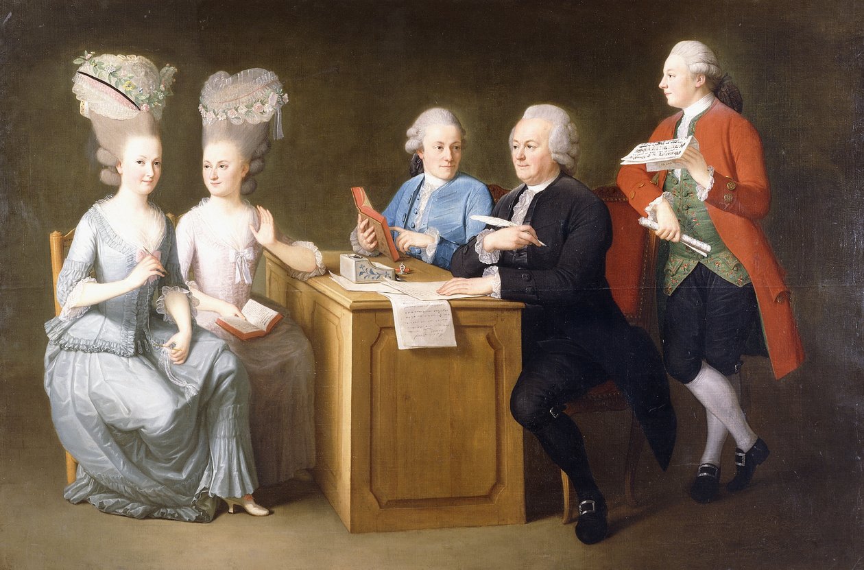 Um retrato de grupo de Monsieur Le Roy, com suas duas filhas e dois filhos, sentado em uma mesa, 1779 de Dominique Doncre