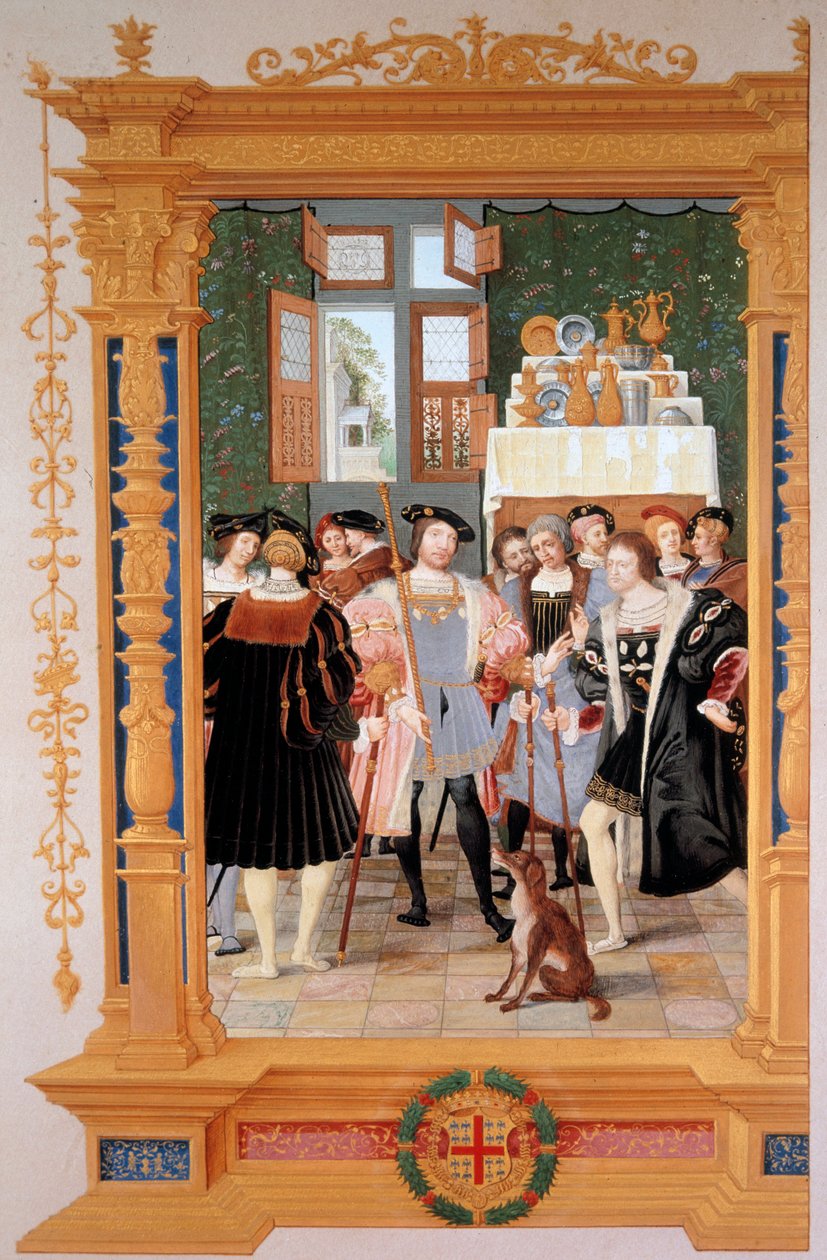 Etienne Leblanc (1490-1565) apresenta a Anne de Montmorency (1493-1567) a sua tradução do discurso de Ciceron (1531) - Cópia do frontispício conservado em São Petersburgo (Rússia), gouache de Dominique Henri Guifard (1838-1913), final do século XIX - C de Dominique Henri Guifard