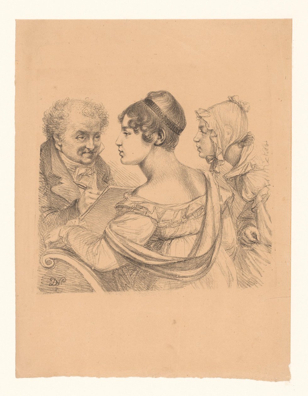 Auto-retrato do artista com duas jovens mulheres como modelos de Dominique Vivant Denon (baron)